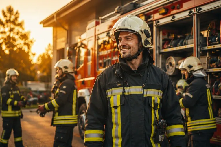 Ein Feuerwehrmann steht neben einem Feuerwehrauto.