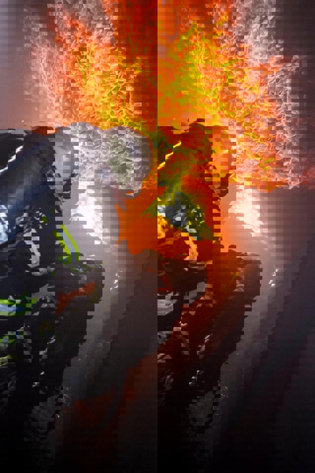 Ein Feuerwehrmann, der ein großes Feuer betrachtet.