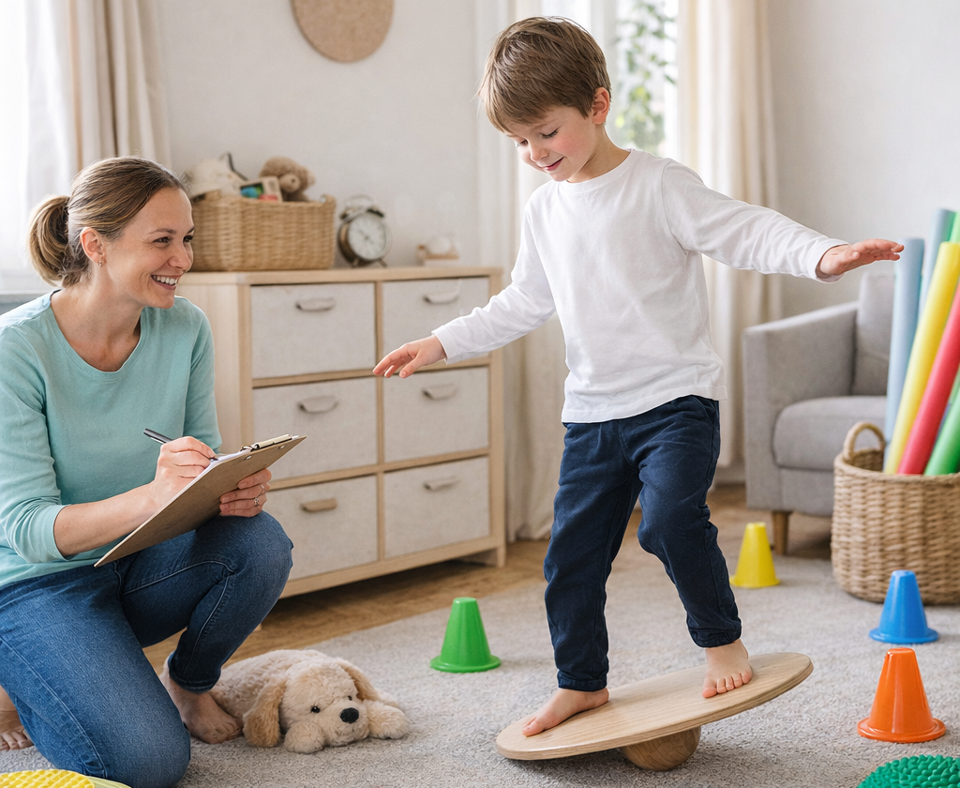 Person und ein Kind bei SIMMO Übeung auf einem Wackelbrett.