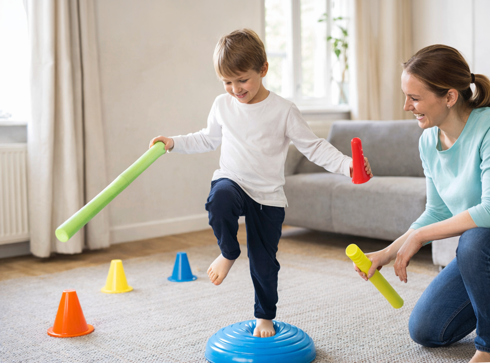 Eine Person und ein Kind spielen mit bunten Gegenständen.