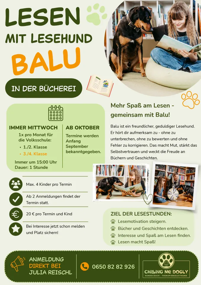 Ein Poster mit einem Hund und einem Kind, das liest.