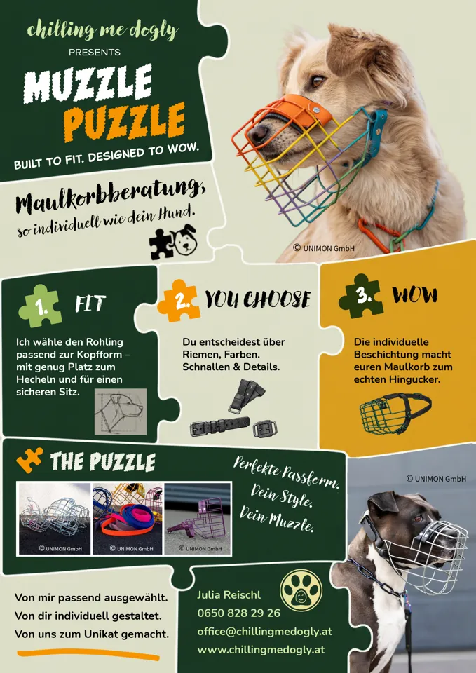 Ein Poster von einem Hund mit Maulkorb.