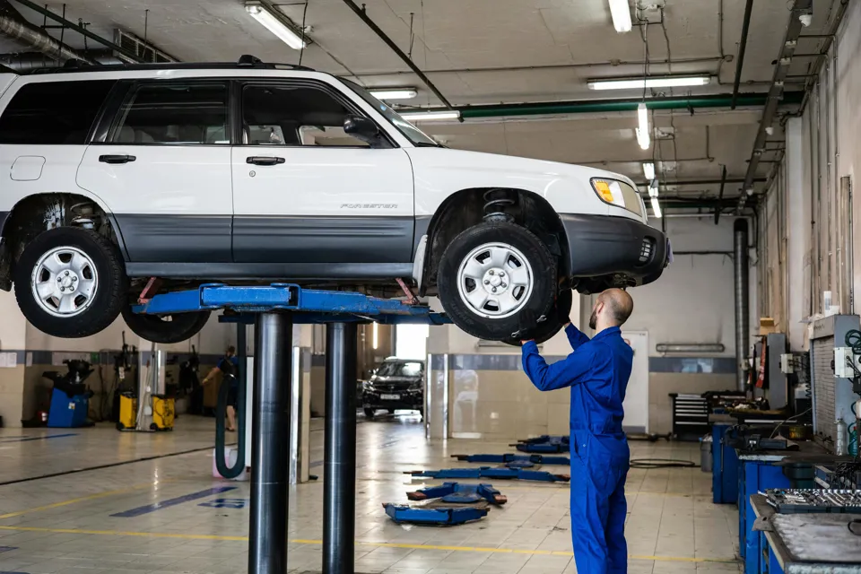 Eine Person in blauer Arbeitskleidung hebt ein Auto auf einer Hebebühne an.