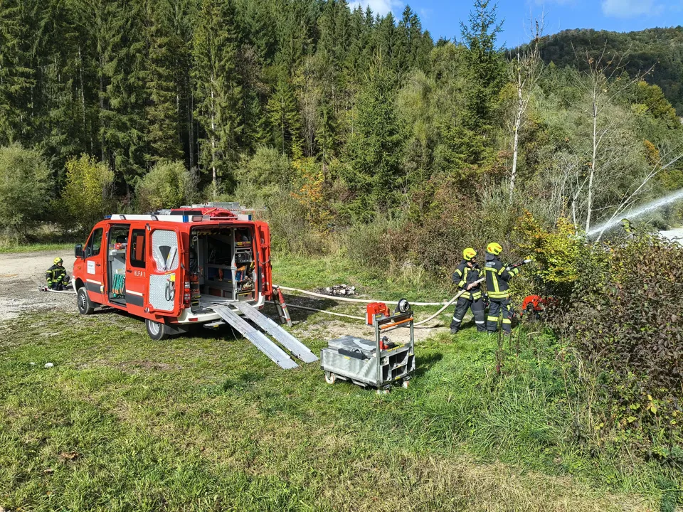 Ein Feuerwehrmann in Uniform und ein Feuerwehrauto im Wald.