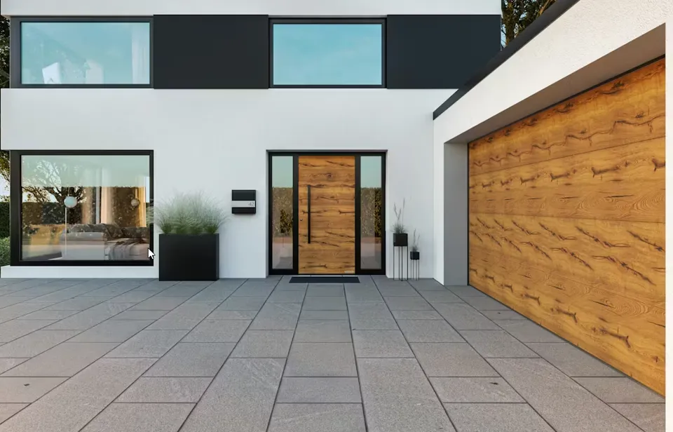 ein Gebäude mit einer Holztür und einer Garage