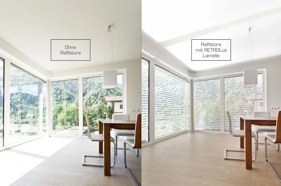 Eine Collage eines Zimmers mit einem Tisch und Stühlen.