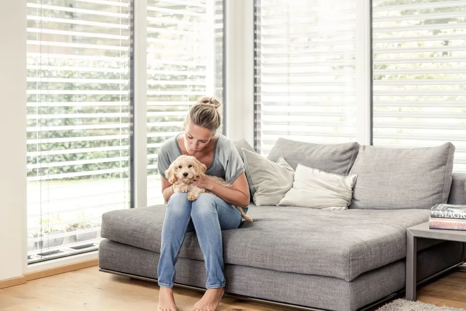 Eine Person sitzt auf einem Sofa und hält einen Hund.