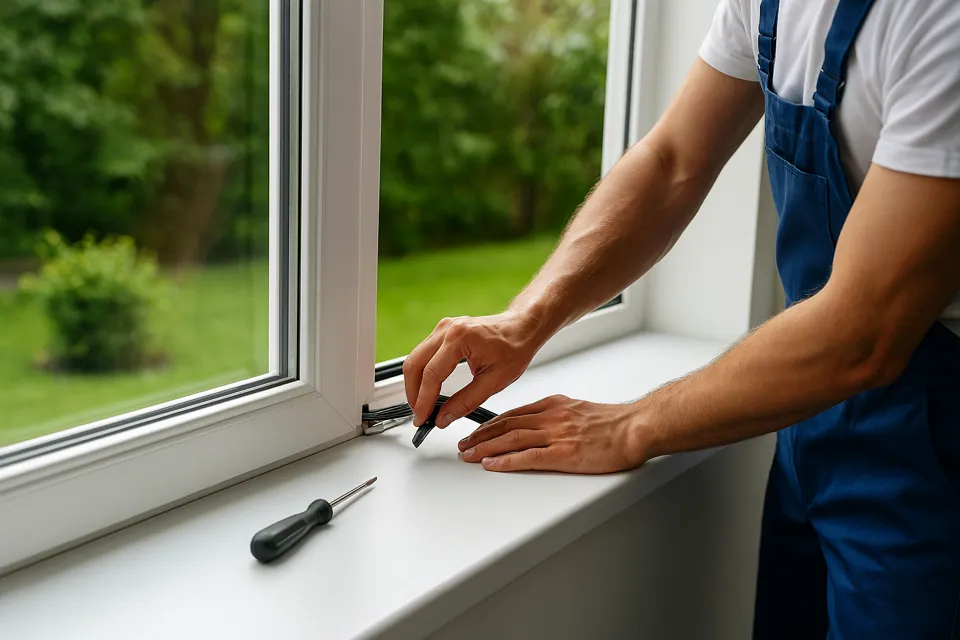 Eine Person in blauer Arbeitskleidung benutzt einen Schraubendreher, um ein Fenster zu reparieren.