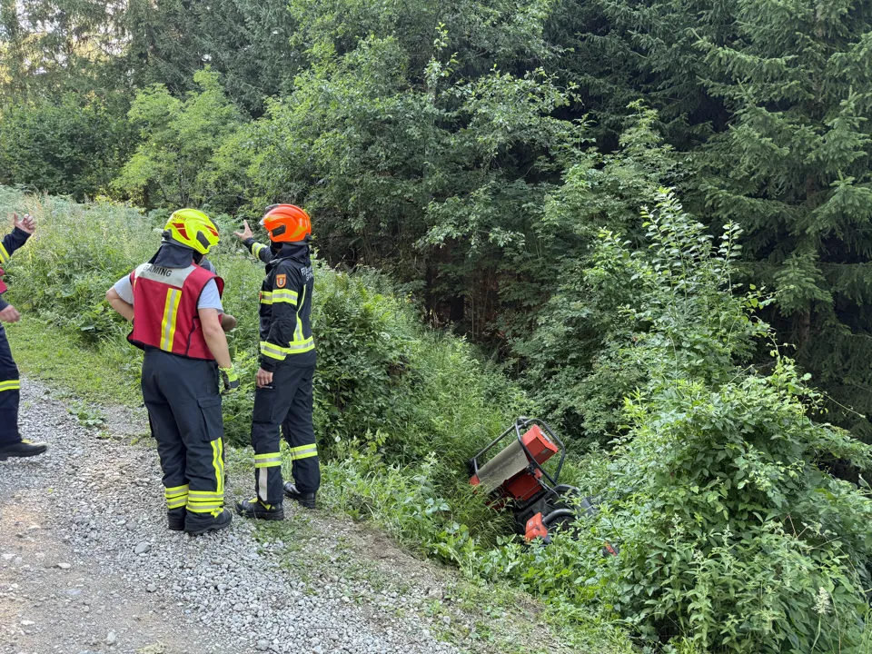 Ein paar Feuerwehrmänner in Schutzkleidung stehen auf einem Weg mit einem Rasenmäher.