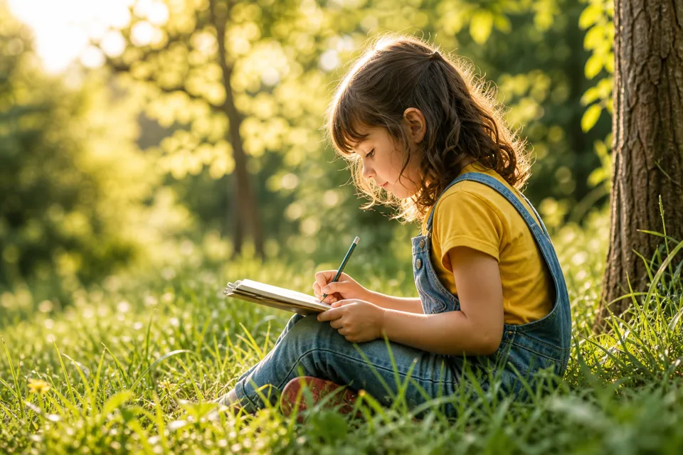 Ein Kind sitzt im Gras und schreibt in ein Buch.