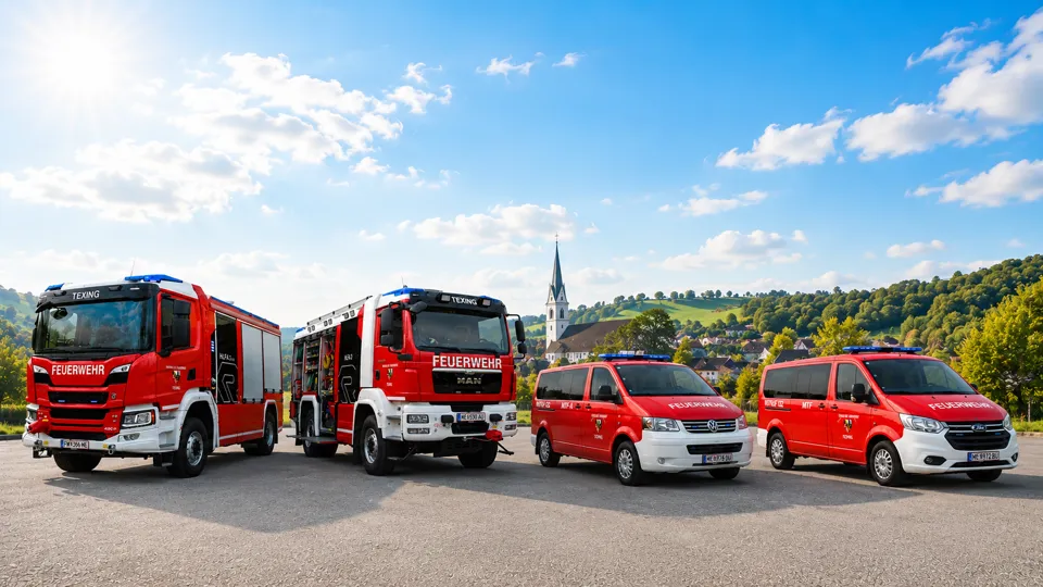 eine Gruppe von Feuerwehrautos, die auf einem Parkplatz geparkt sind