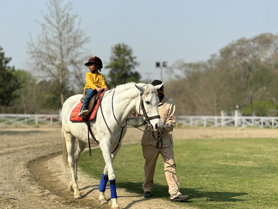 Eine Person und ein Kind reiten auf einem Pferd.