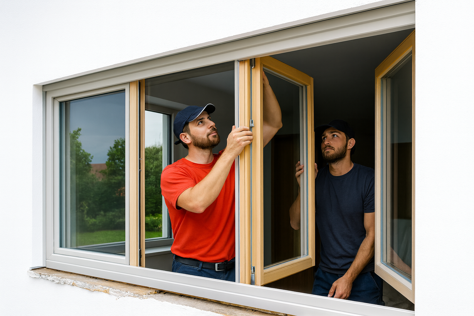 Zwei Männer schauen aus einem Fenster.